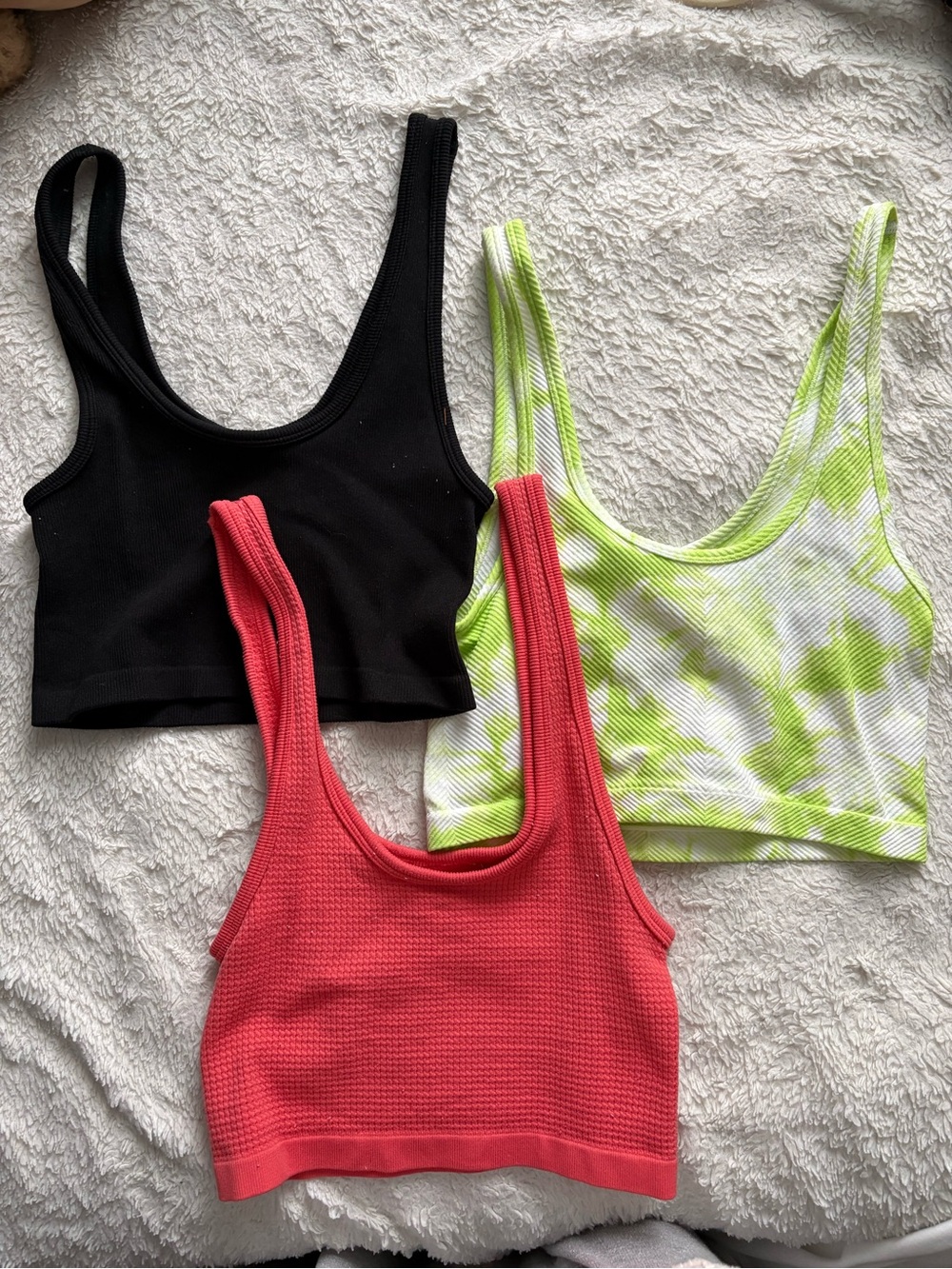 3-Pack Ribbed Scoop Neck Crop Tops - Black, Lime Tie-Dye, Coral